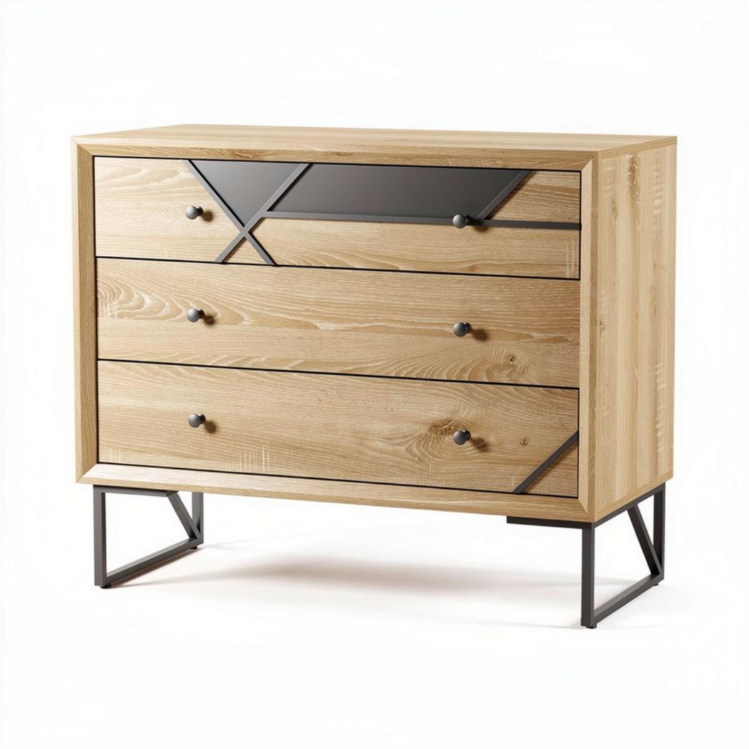 Kommode aus holz mit drei schubladen und metallfüßen 80 x 40 x 75cm