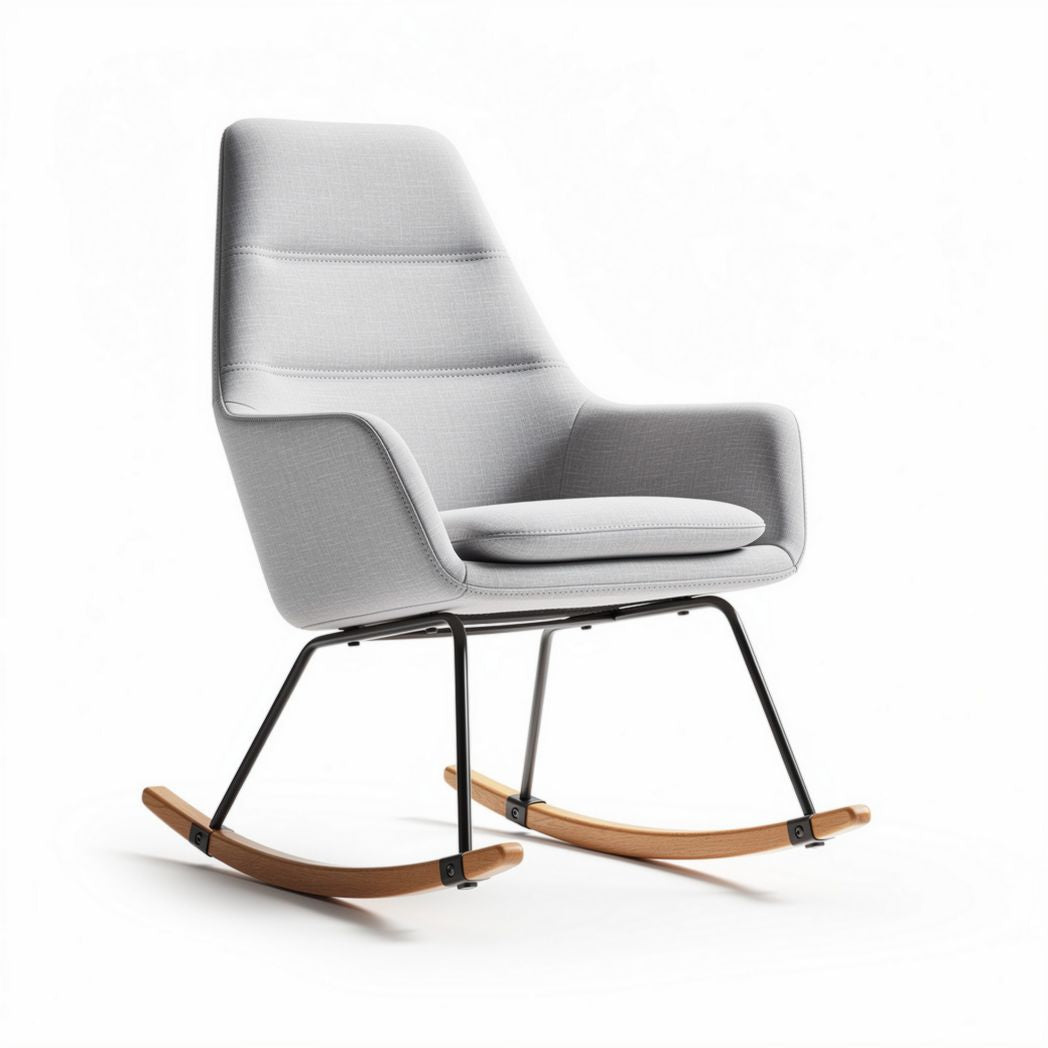 Schaukelstuhl mit ergonomischem design aus grauem stoff und holzgestell 70 x 75 x 85cm